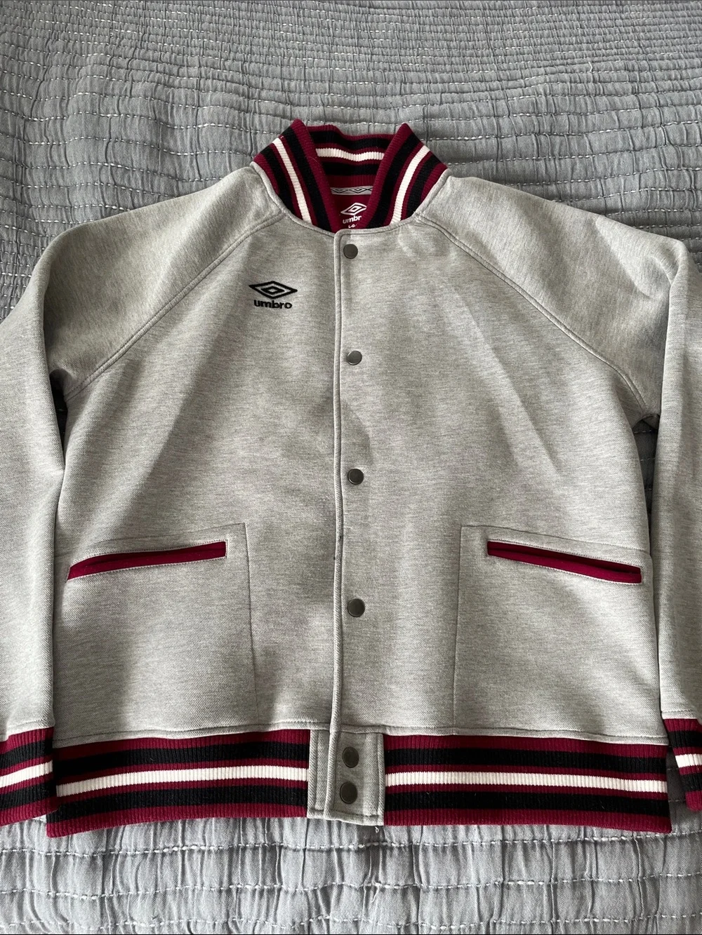 Umbro Grey and Burgundy Rib-Trim Varsity Bomber Jacket *RARE*